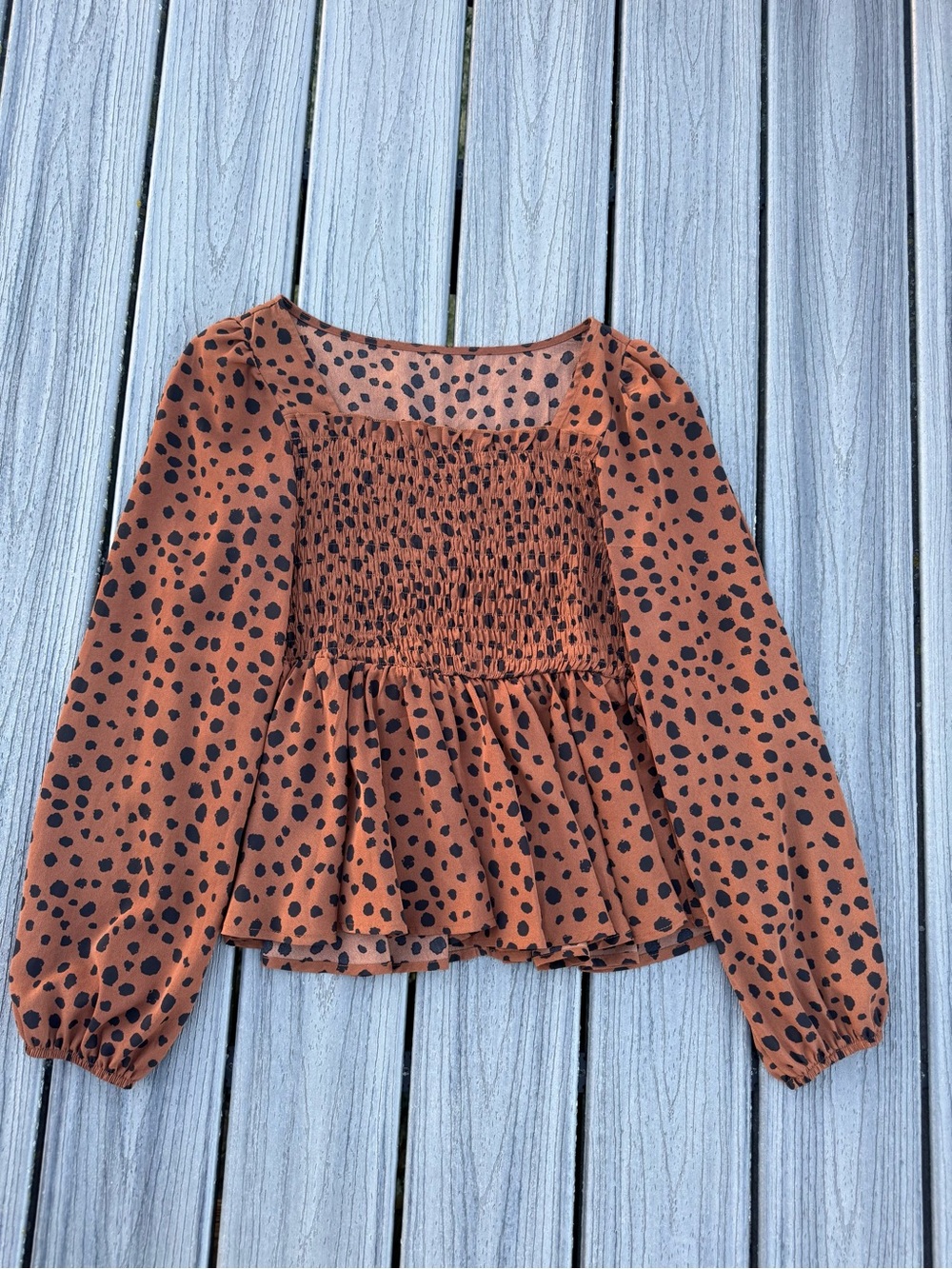 Smocked Long-Sleeve Blouse - Rust with Black Spot